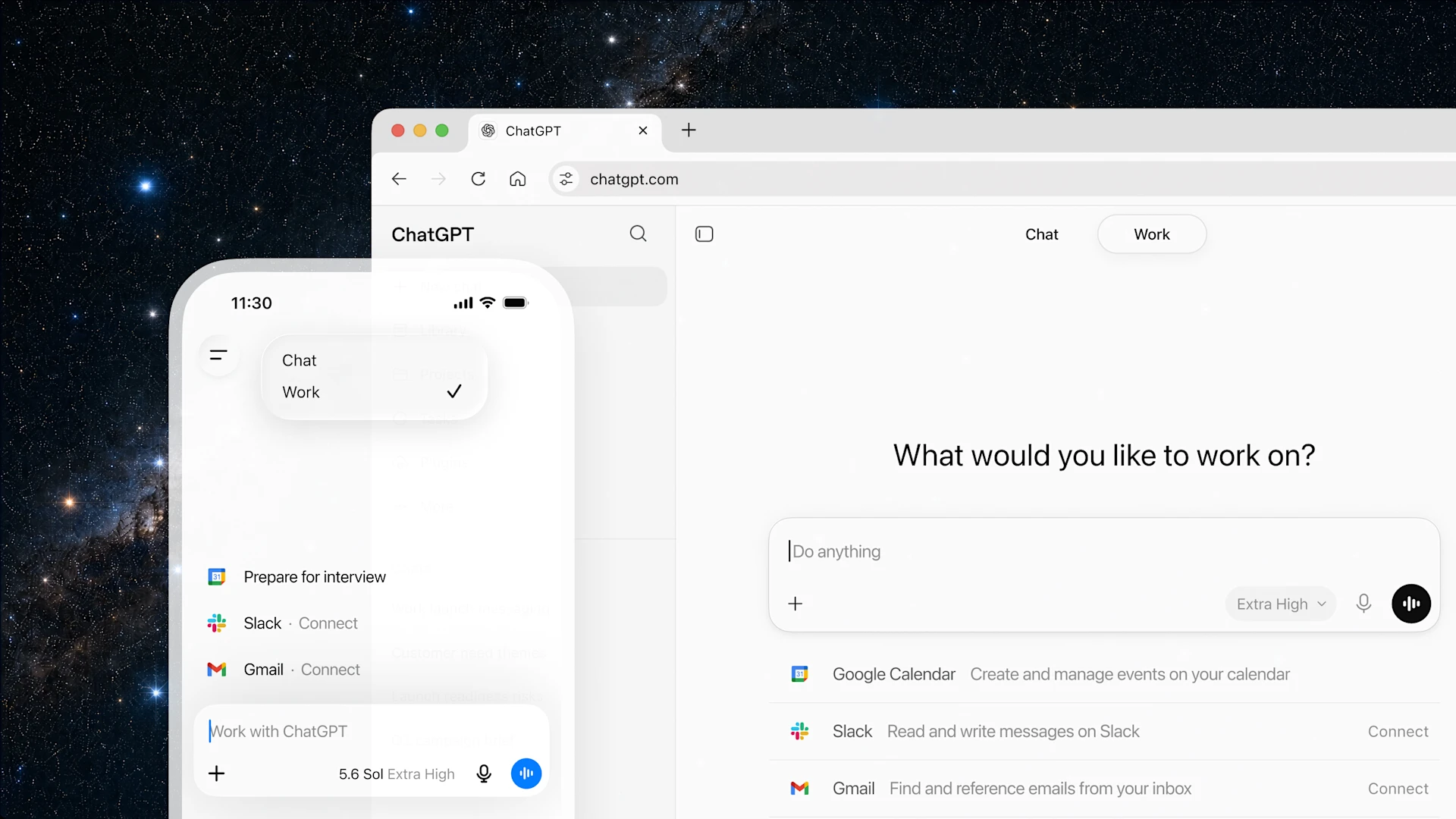 ChatGPT Workのウェブ版とモバイル版の公式画面例